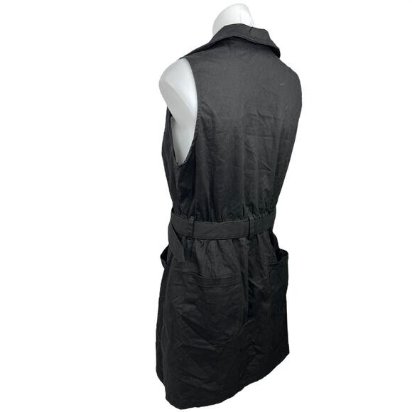 Fisoew Black Sleeveless Zip Up V-Neck Collar Belted Mini Cowgirl Shirt Dress M - Picture 2 of 3